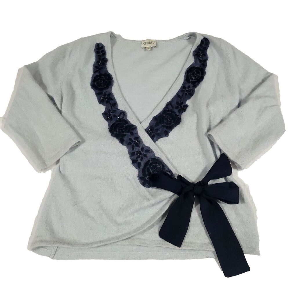 Angora Wool‎ Floral Embroidered Wrap Sweater Kaliko 8 blue Ballet Core Beaded